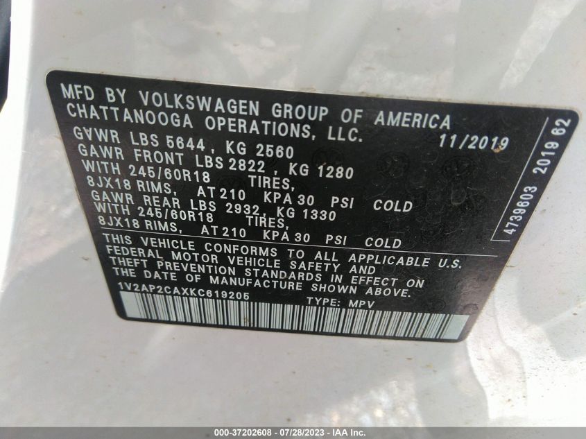 2019 VOLKSWAGEN ATLAS 2.0T S - 1V2AP2CAXKC619205