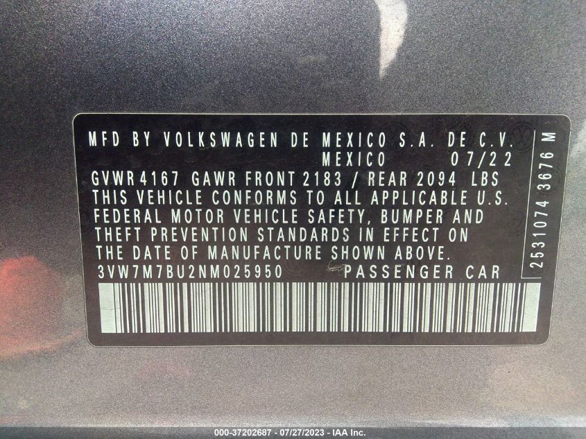 2022 VOLKSWAGEN JETTA SE - 3VW7M7BU2NM025950