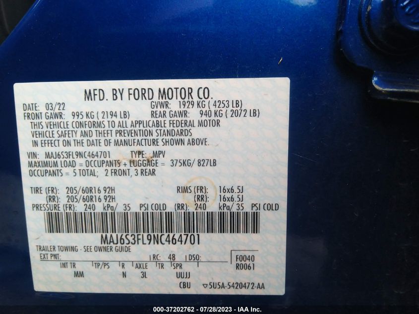 2022 FORD ECOSPORT S - MAJ6S3FL9NC464701