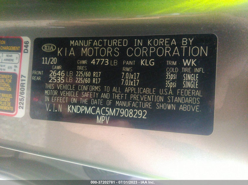 VIN KNDPMCAC5M7908292 2021 KIA SPORTAGE LX