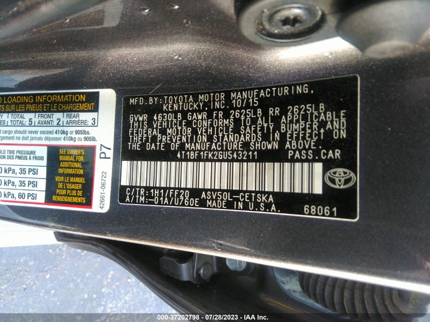 2016 TOYOTA CAMRY XLE/SE/LE/XSE - 4T1BF1FK2GU543211