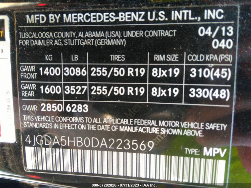 2013 MERCEDES-BENZ M-CLASS ML 350 - 4JGDA5HB0DA223569