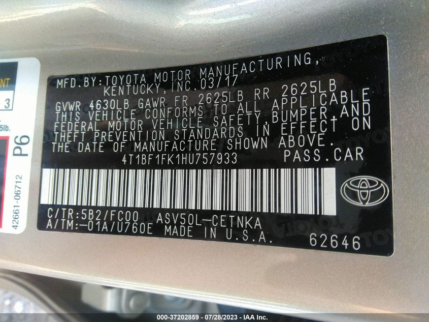 2017 TOYOTA CAMRY XLE/SE/LE/XSE - 4T1BF1FK1HU757933