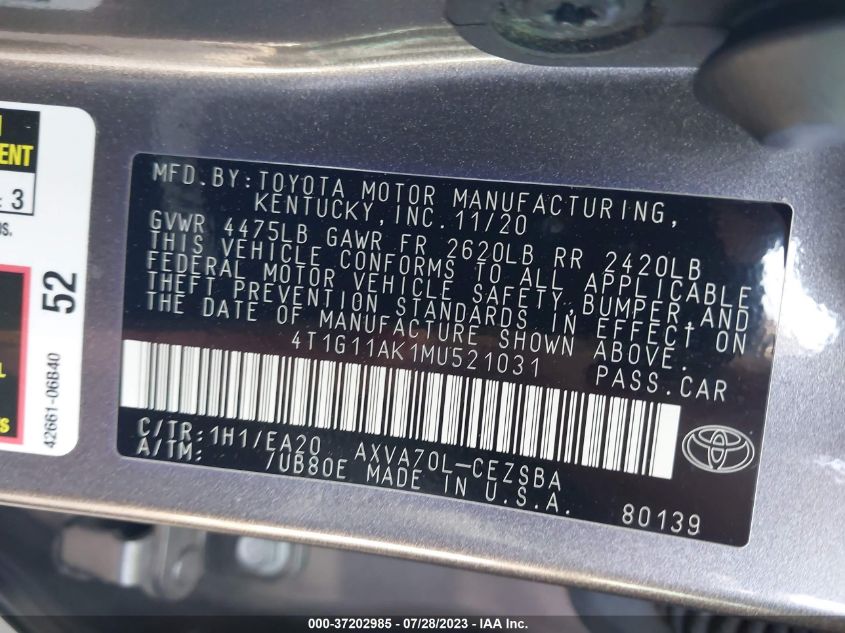 2021 TOYOTA CAMRY SE - 4T1G11AK1MU521031