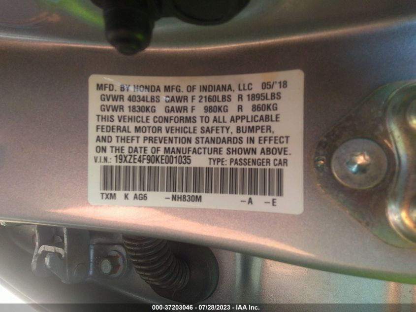 2019 HONDA INSIGHT TOURING 19XZE4F90KE001035