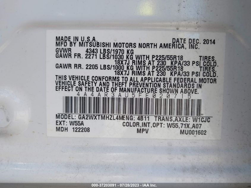 2015 MITSUBISHI OUTLANDER SPORT ES - 4A4AR3AU5FE020715