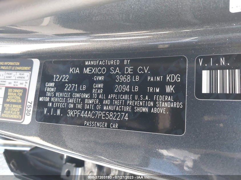 VIN 3KPF44AC7PE582274 2023 KIA FORTE GT