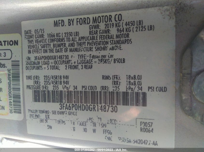 2016 FORD FUSION SE - 3FA6P0HD0GR148730