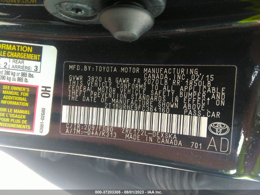 2015 TOYOTA COROLLA L/LE/S/S PLUS/LE PLUS - 2T1BURHE9FC364160