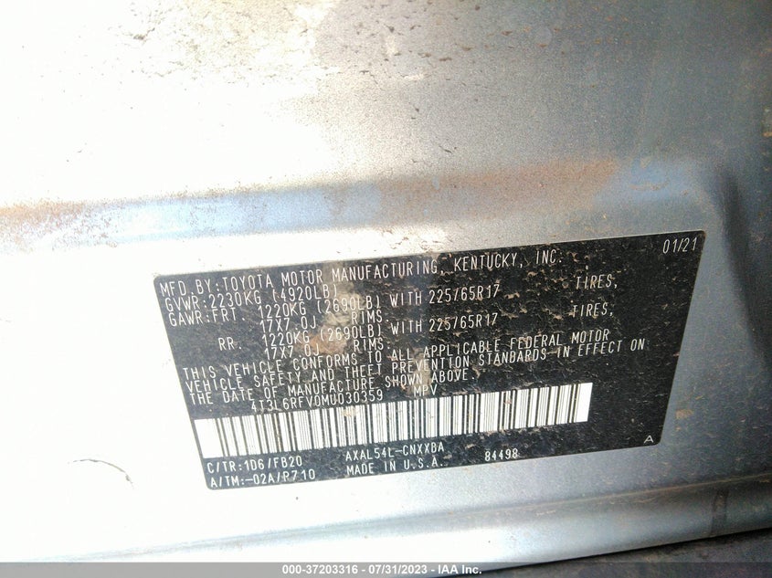 VIN 4T3L6RFV0MU030359 2021 TOYOTA RAV4 HYBRID LE