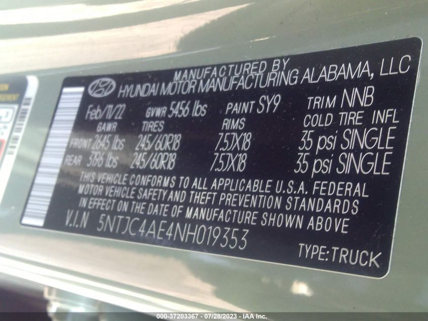 2022 HYUNDAI SANTA CRUZ SEL - 5NTJC4AE4NH019353