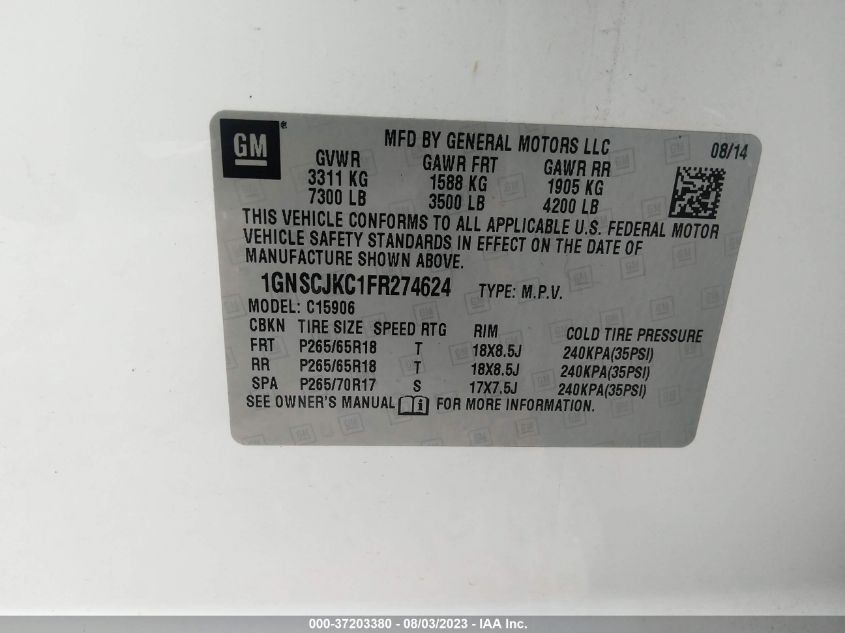 2015 CHEVROLET SUBURBAN LT - 1GNSCJKC1FR274624