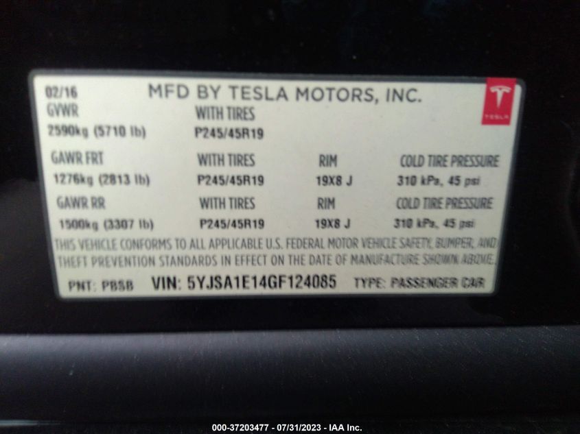 2016 TESLA MODEL S 70 KWH - 5YJSA1E14GF124085
