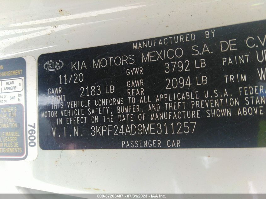 2021 KIA FORTE FE - 3KPF24AD9ME311257