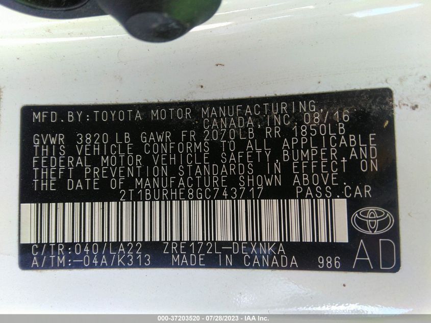 2016 TOYOTA COROLLA L/LE/S/S PLUS/LE PLUS - 2T1BURHE8GC743717
