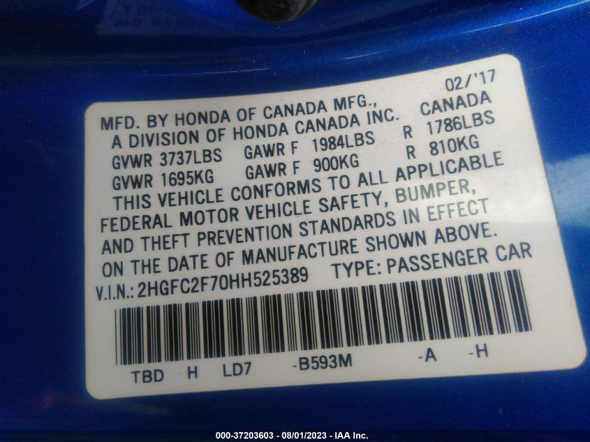 2017 HONDA CIVIC SEDAN EX - 2HGFC2F70HH525389