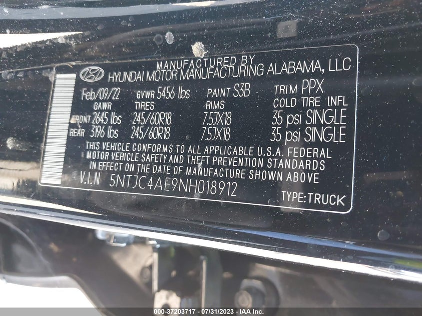 VIN 5NTJC4AE9NH018912 2022 HYUNDAI SANTA CRUZ SEL