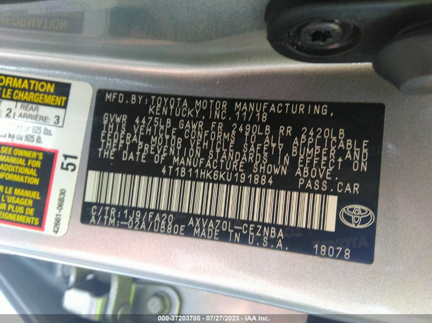 2019 TOYOTA CAMRY LE/SE/XLE/L - 4T1B11HK6KU191884