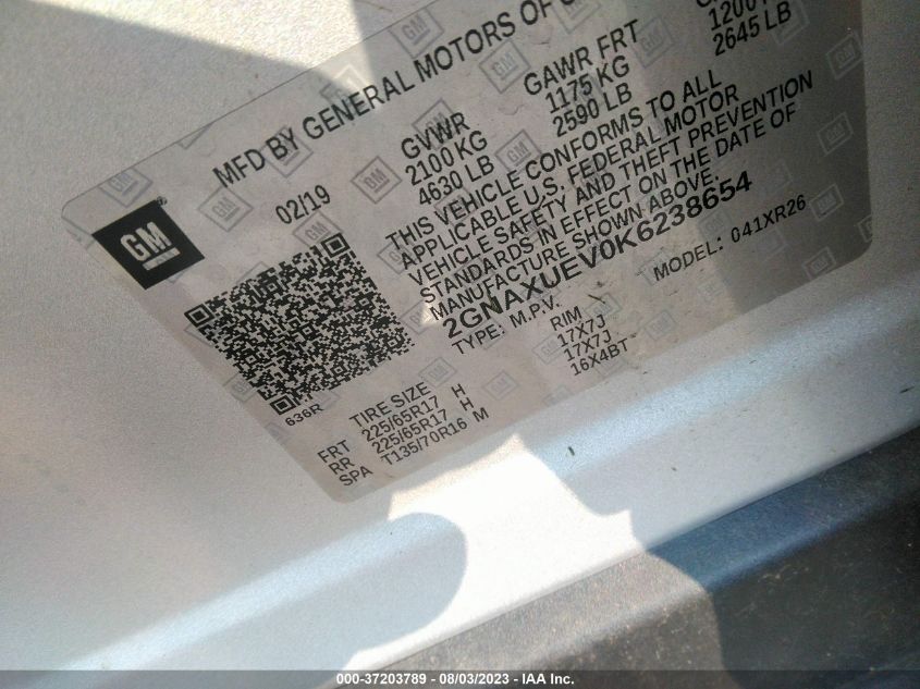 2019 CHEVROLET EQUINOX LT - 2GNAXUEV0K6238654