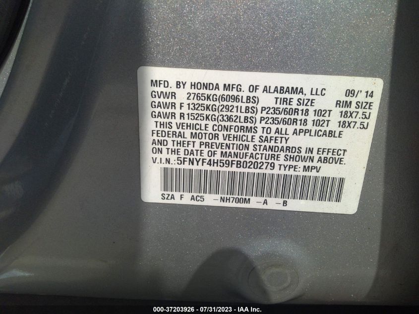 2015 HONDA PILOT EX-L - 5FNYF4H59FB020279