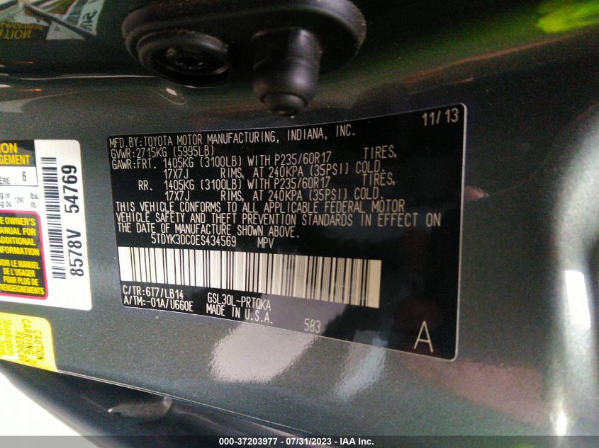 2014 TOYOTA SIENNA XLE/XLE AAS/LTD - 5TDYK3DC0ES434569