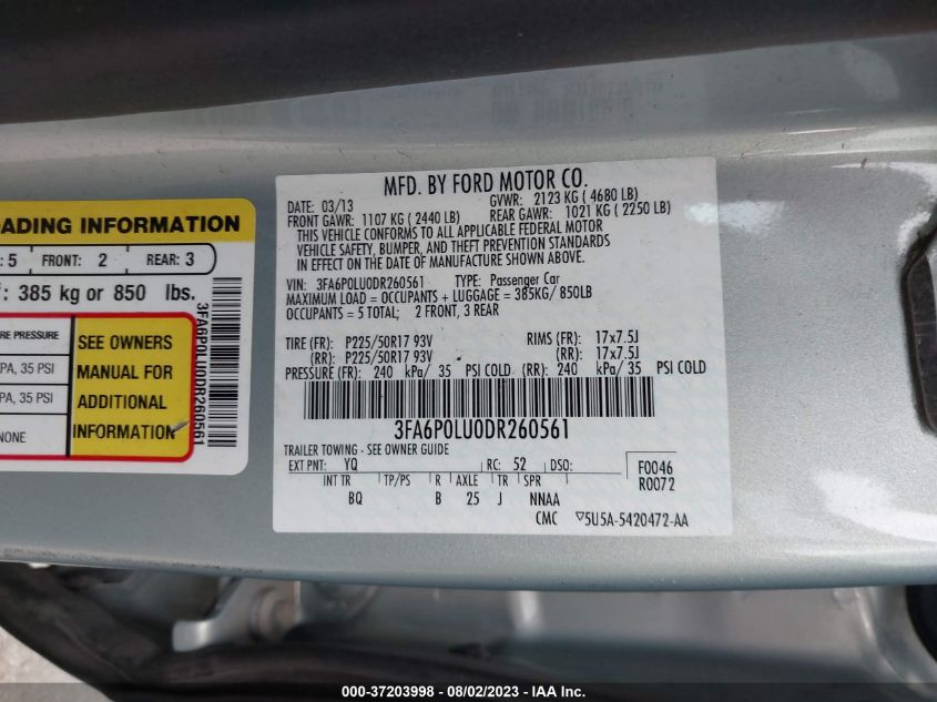 2013 FORD FUSION - 3FA6P0LU0DR260561