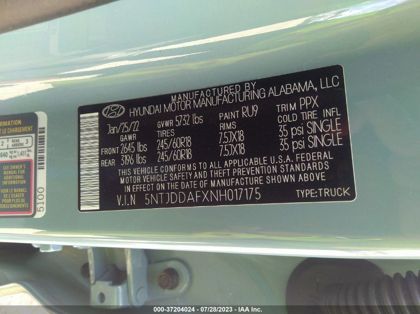 2022 HYUNDAI SANTA CRUZ SEL PREMIUM 5NTJDDAFXNH017175