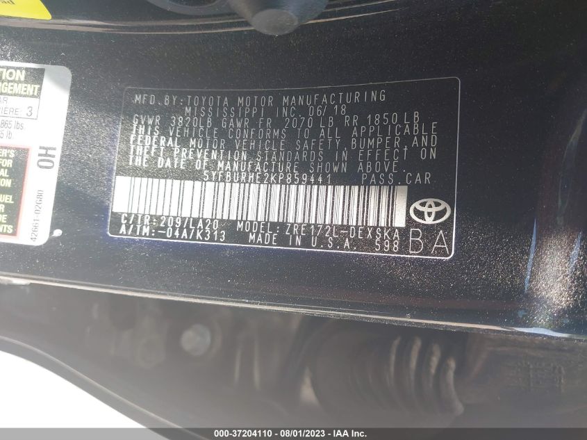 2019 TOYOTA COROLLA L/LE/SE/XLE/XSE - 5YFBURHE2KP859441