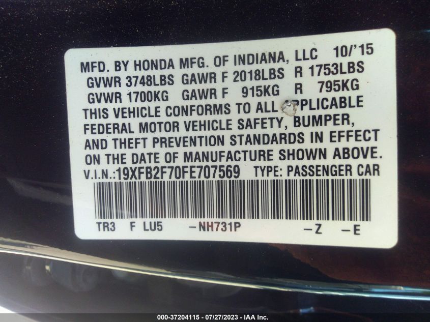 2015 HONDA CIVIC SEDAN SE - 19XFB2F70FE707569