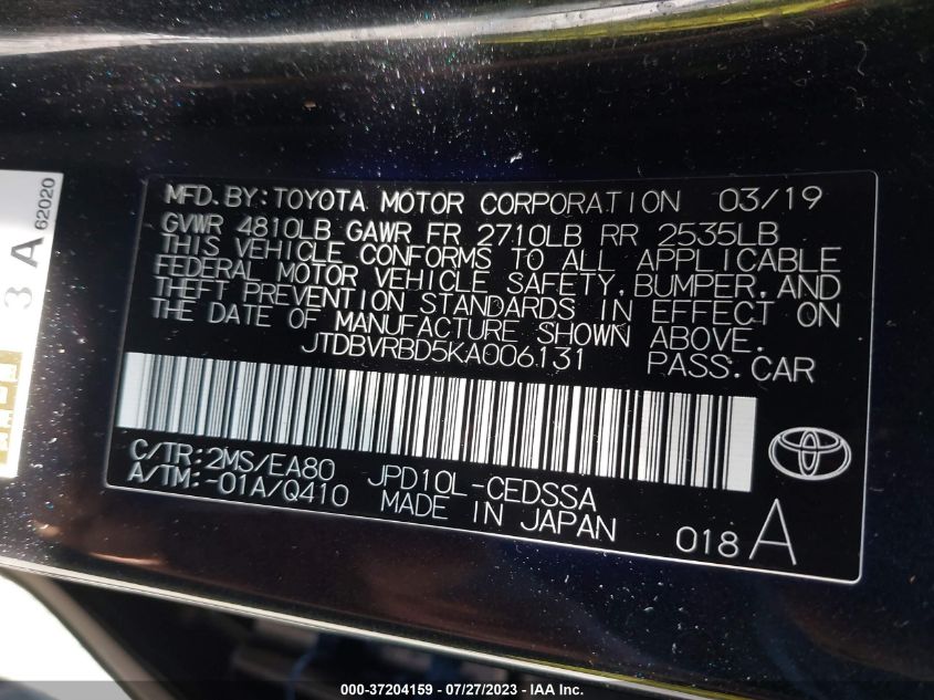 2019 TOYOTA MIRAI JTDBVRBD5KA006131