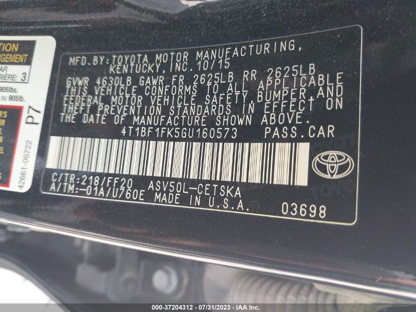 2016 TOYOTA CAMRY XLE/SE/LE/XSE - 4T1BF1FK5GU160573