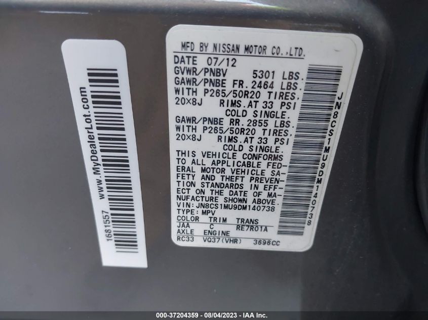 2013 INFINITI FX37 JN8CS1MU9DM140738