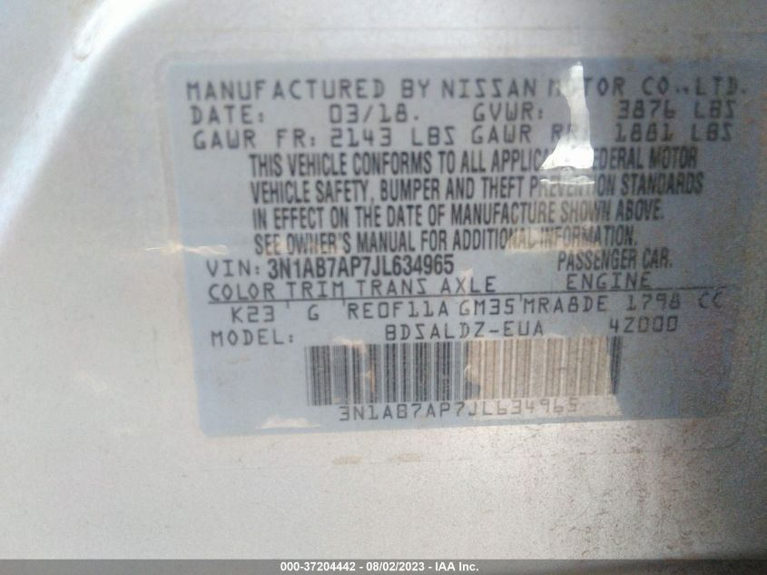 2018 NISSAN SENTRA S/SV/SR/SL - 3N1AB7AP7JL634965