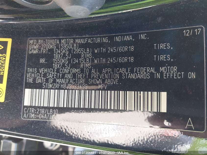 VIN 5TDKZRFH8JS533499 2018 TOYOTA HIGHLANDER SE/XLE