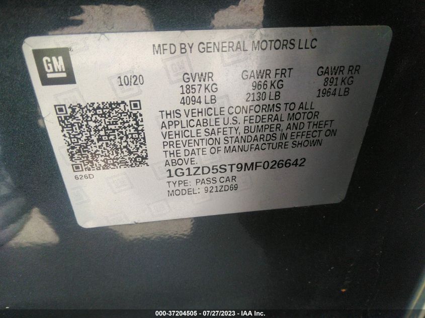 2021 CHEVROLET MALIBU LT - 1G1ZD5ST9MF026642