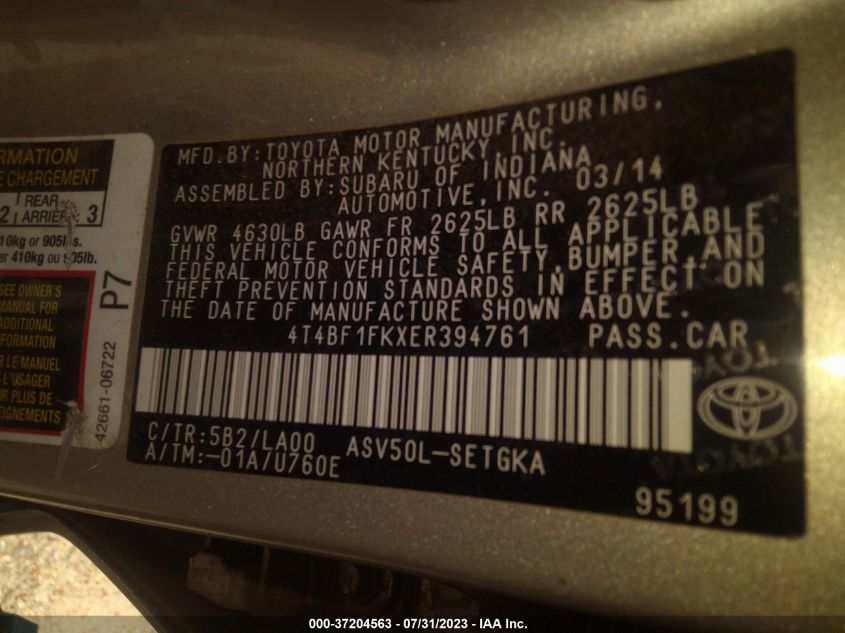 2014 TOYOTA CAMRY L/LE/XLE/SE/SE SPORT - 4T4BF1FKXER394761