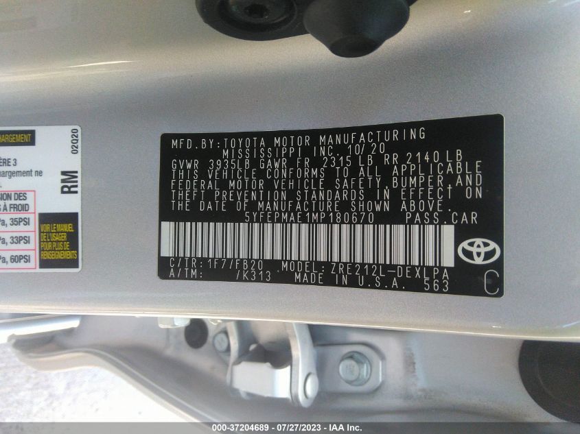 2021 TOYOTA COROLLA LE - 5YFEPMAE1MP180670