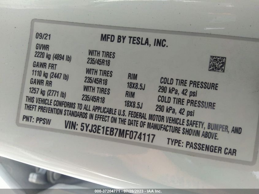 2021 TESLA MODEL 3 - 5YJ3E1EB7MF074117