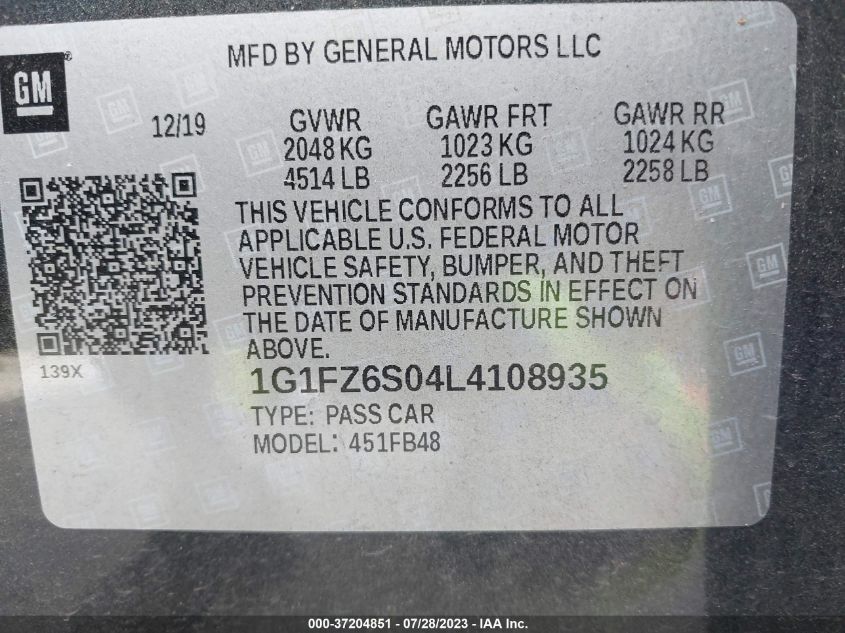2020 CHEVROLET BOLT EV PREMIER - 1G1FZ6S04L4108935