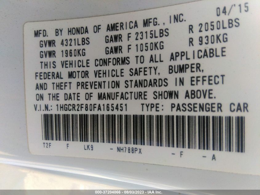 2015 HONDA ACCORD SEDAN EX-L - 1HGCR2F80FA165451