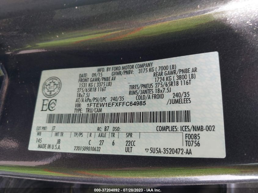 2015 FORD F-150 XLT/XL/LARIAT/PLATINUM - 1FTEW1EFXFFC64985