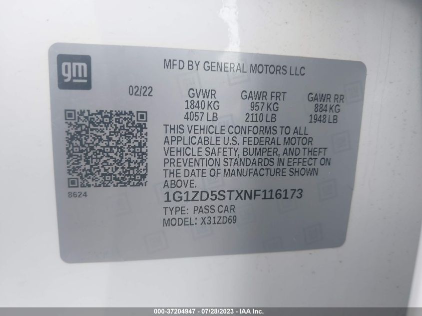 2022 CHEVROLET MALIBU LT - 1G1ZD5STXNF116173