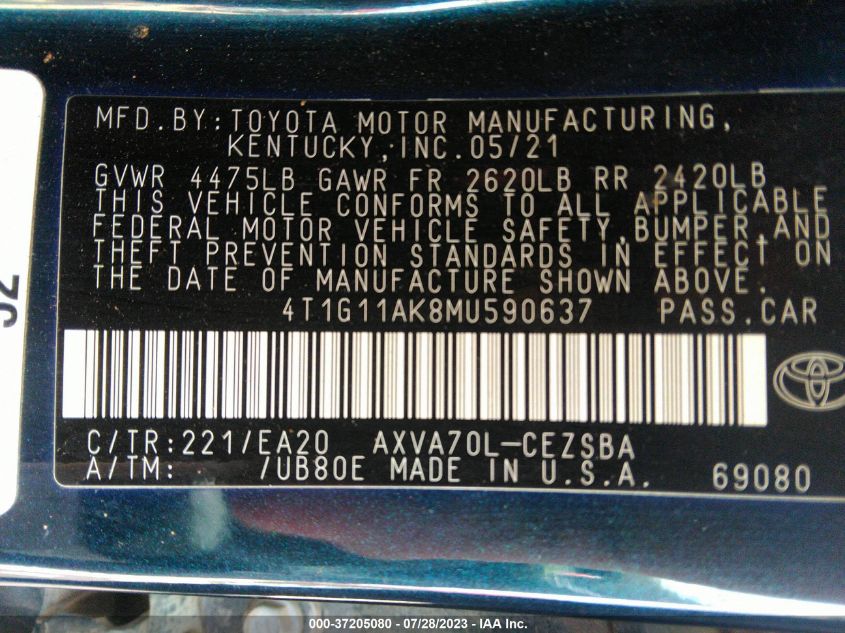 2021 TOYOTA CAMRY SE/SE NIGHT SHADE - 4T1G11AK8MU590637