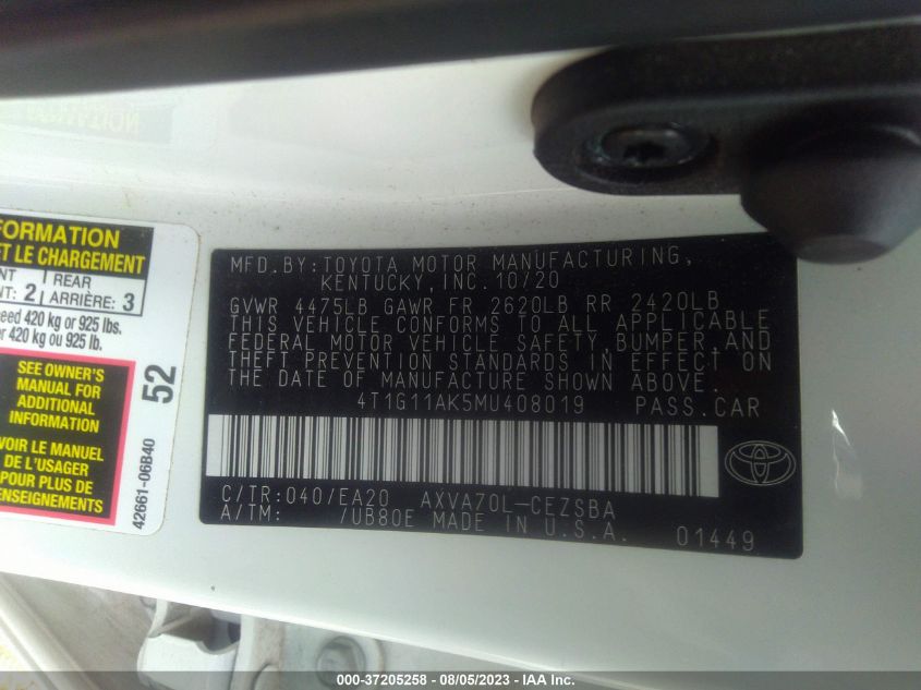 2021 TOYOTA CAMRY SE - 4T1G11AK5MU408019