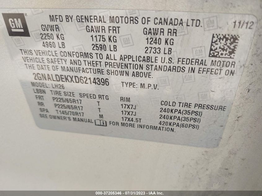 2013 CHEVROLET EQUINOX LT - 2GNALDEKXD6214396