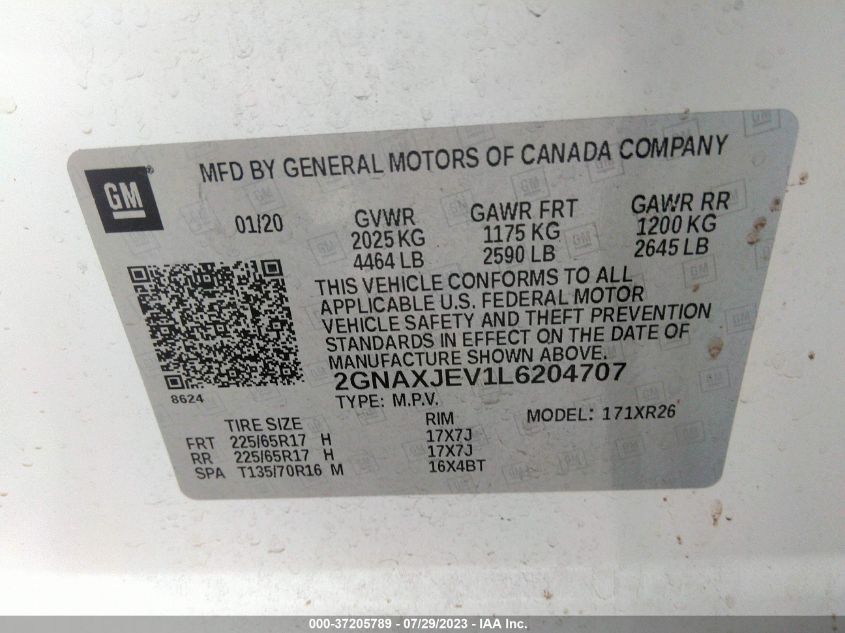 2020 CHEVROLET EQUINOX LT - 2GNAXJEV1L6204707