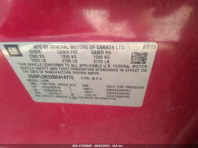 2013 CHEVROLET EQUINOX LT - 2GNFLDE32D6414770