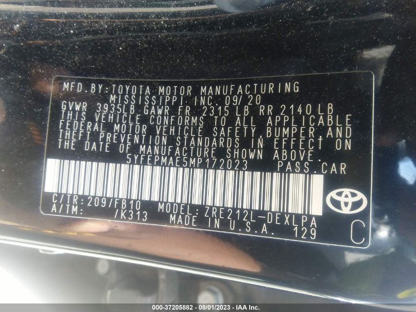 2021 TOYOTA COROLLA LE - 5YFEPMAE5MP172023