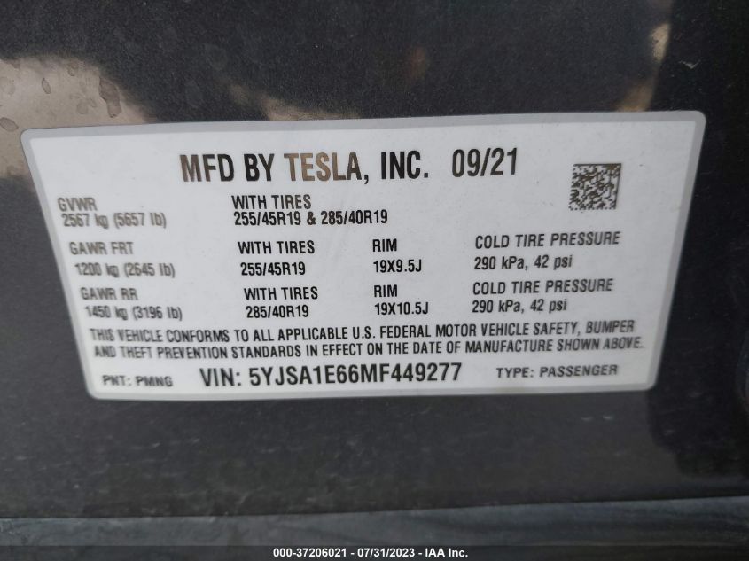 2021 TESLA MODEL S PLAID - 5YJSA1E66MF449277