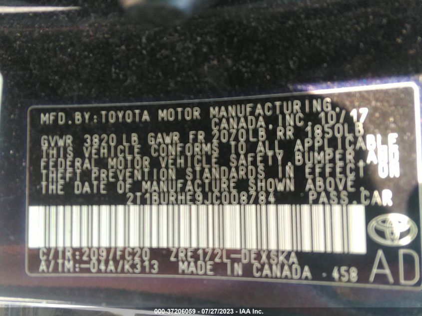 2018 TOYOTA COROLLA L/LE/XLE/SE/XSE - 2T1BURHE9JC008784
